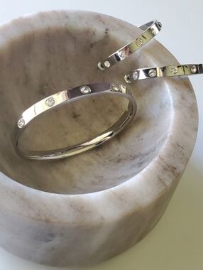 Stainless Steel Bangle Bracelet & Earrings - Crystal Accents. Minimalist Design